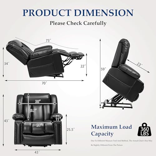 Large Power Lift Chairs Recliners for Elderly with Heated and Massage, Overstuffed Adjustable Lift Chairs, 3 Positions, Breathable Leather, USB-A and USB-C, Cup Holder, Side Pocket Dark Brown
