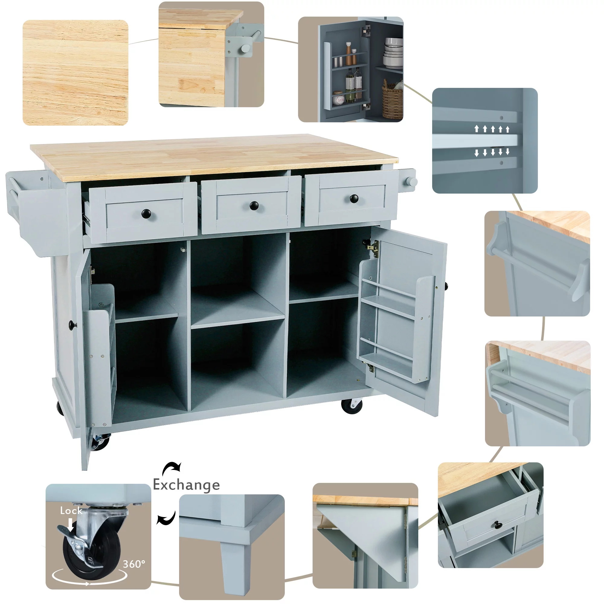 Momspeace Kitchen Island Cart with wheels and Rubber wood Drop-Leaf Countertop,Cabinet door internal storage racks,Kitchen Island on 5 Wheels with Storage Cabinet & 3 Drawers for Dinning Room-Blue