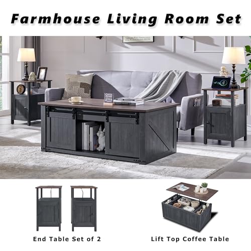 Farmhouse Nightstand Set of 2, End Table with Charging Station, Rustic Side Table w/Barn Door & Open Shelves, Bedside Table w/Storage Space and Storage Cabinet for Bedroom, Living Room (White)
