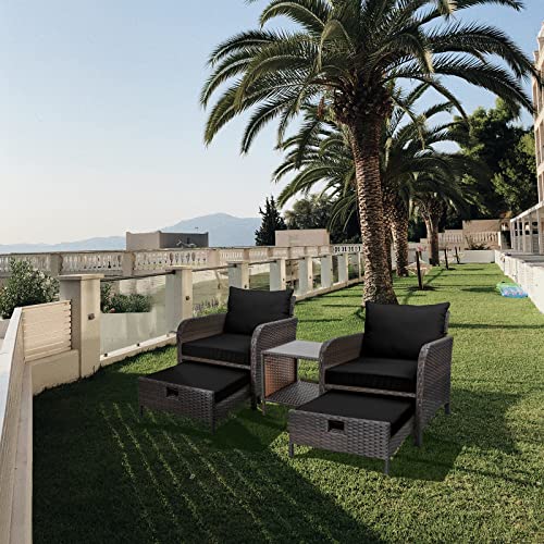 LEVELEVE Balcony Furniture 5 Piece Patio Conversation Set, PE Wicker Rattan Outdoor Lounge Chairs with Soft Cushions 2 Ottoman&Glass Table for Porch, Lawn-Brown Wicker