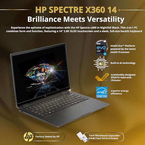 HP Spectre 14T x360 2-in-1 Laptop Intel i7-1355U 10 Cores,Win 11 Pro,13.5" 3:2 Touch,16GB RAM,512GB SSD,B&O Speakers, FPR, Tilt Pen,Nightfall, 64GB Tech Warehouse Flashdrive