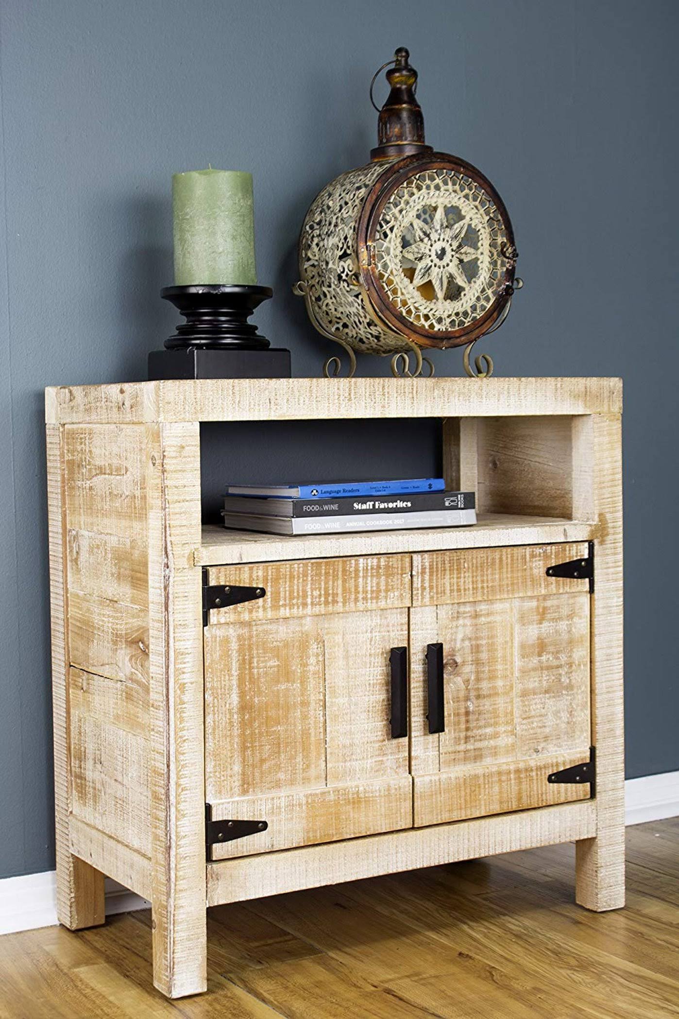 Distressed Wood Accent Cabinet with Open Shelf 2 Doors Iron Handles and Hinges
