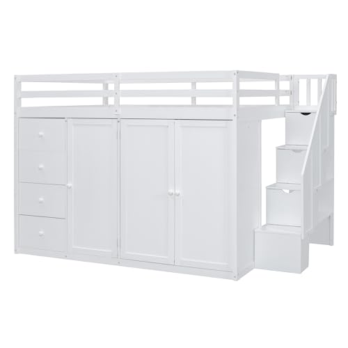 Full Size Loft Bed with Stairs and Wardrobe, Wood Loft Bed Frame with Storage Cabinet, Open Closet and Drawers, Adults Loft Beds with Hanging Rod & Shelves for Kids, Teen, Gray