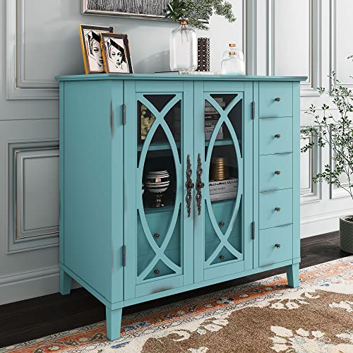 Vintage Style Sideboard Accent Storage Sideboard Wooden Sideboard with Adjustable Shelf,5 Small Drawers and 2 Large Drawers,for Entryway,Living Room,Bedroom (Antique Light Green#N)