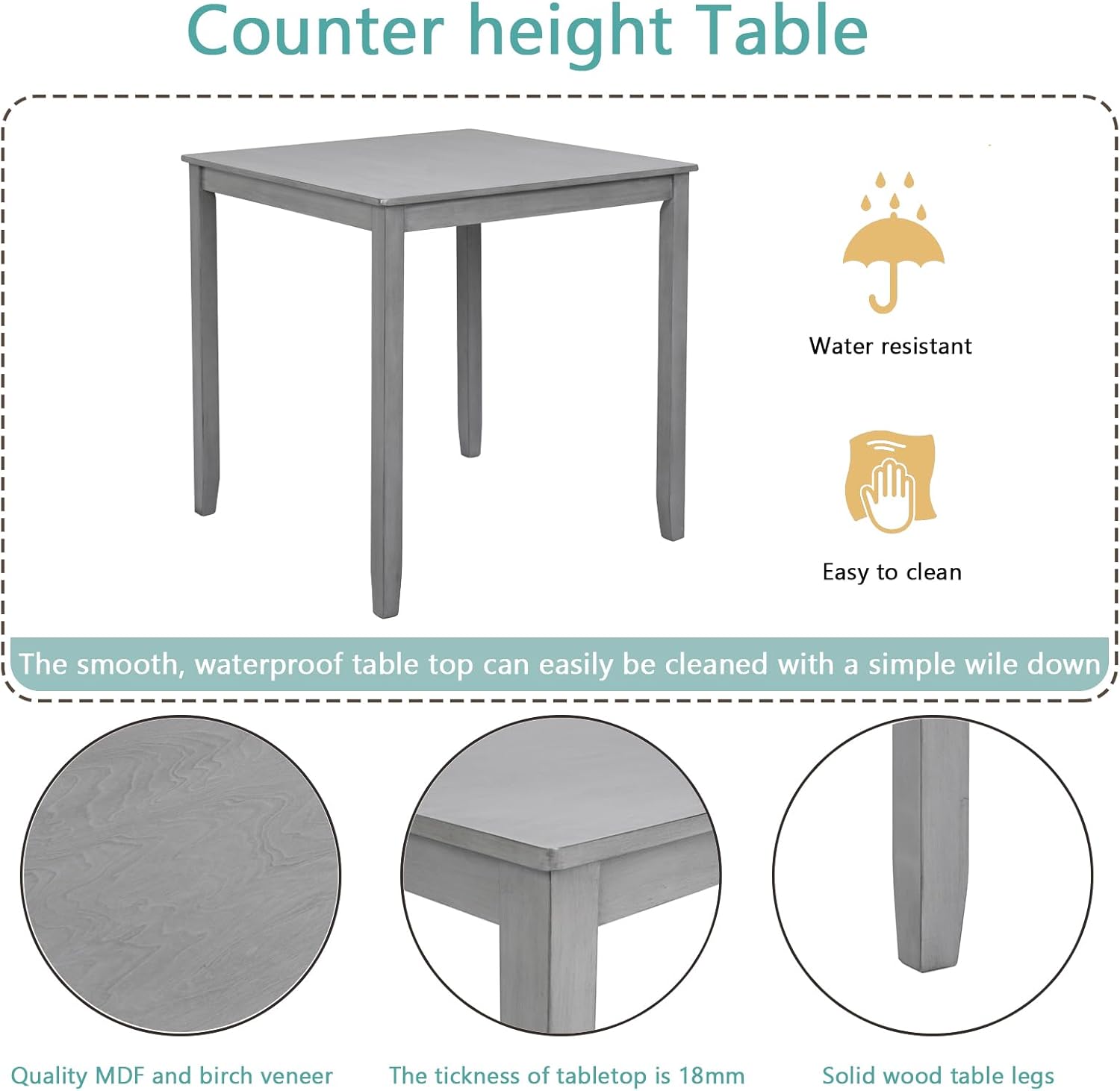 5 Piece Counter Height Dining Table Set for 4, Farmhouse Kitchen Table Set with 4 Vertical Back Upholsterd Chair, Space Saving High Top Table and Chair for Dining room, Kitchen, Pub (Dove Gray)