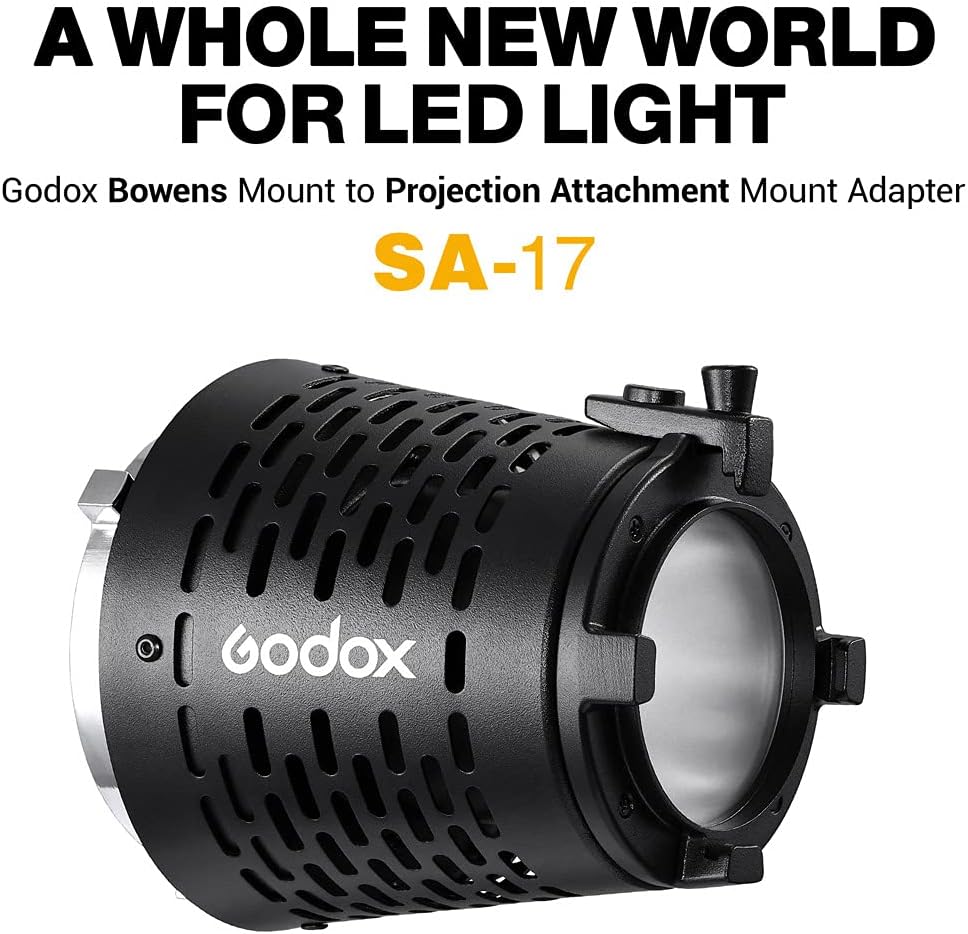 Godox SA-17 Bowens Mount Adapter with Godox SA-P Projection Attachment + SA-06 Iris Diaphragm + SA-09-001 GOBO Set + SA-10 GOBO Set Holder Create Theatrical Effect for Bowens Mount LED Video Light