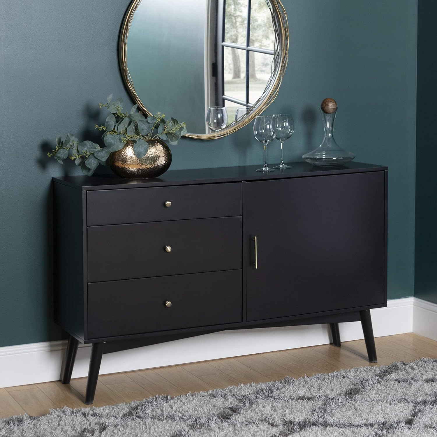 Walker Edison Mid Century Modern-TV Stand Console with 3 Drawers and Closed Cabinet Storage, 60, Walnut