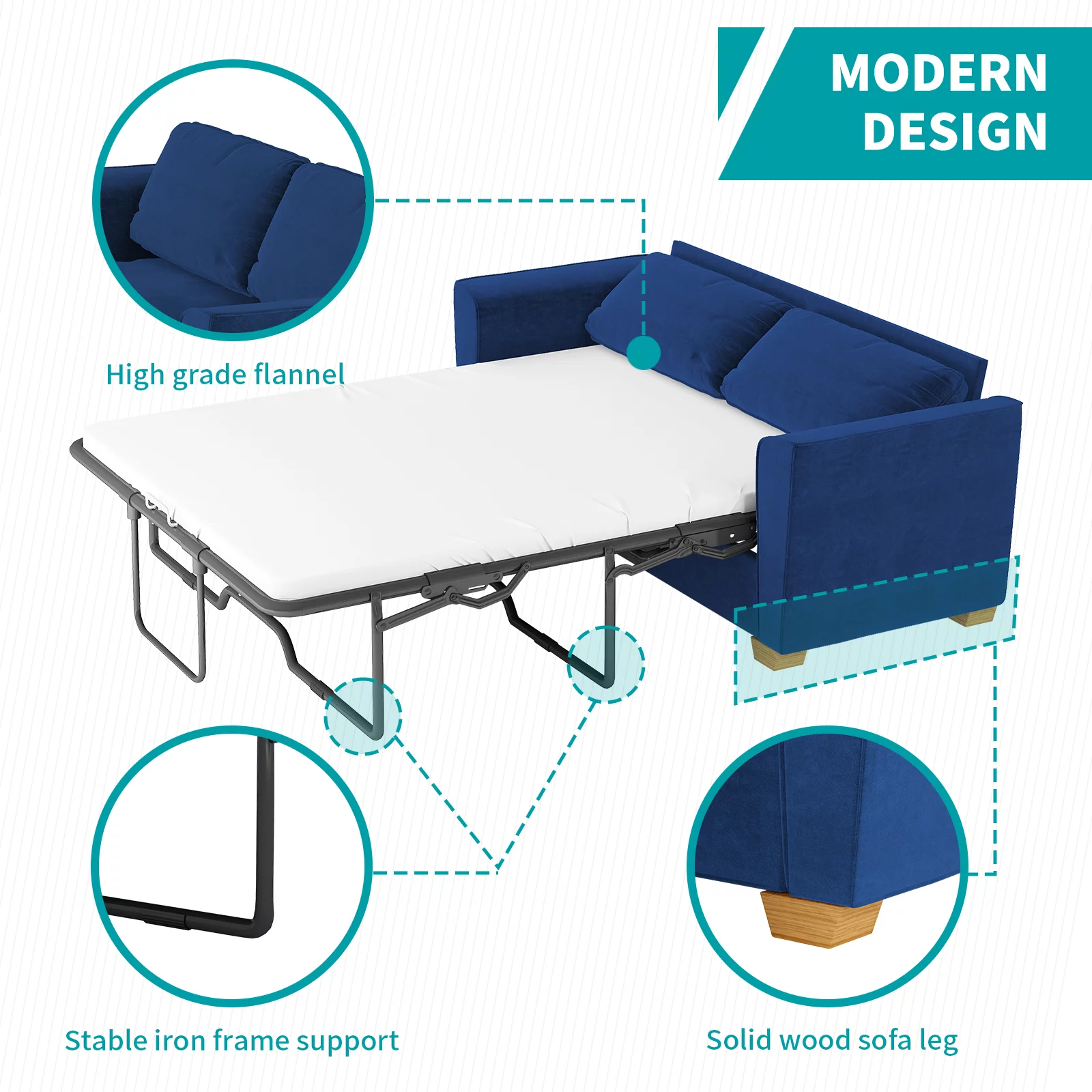MUZZ Full Size Pull Out Sofa Bed, Velvet Sofa Couvh with Pull Out Bed, Sleeper Sofa Couch with Foam Mattress, 2-in-1 Sleeper Couch Bed for Living Room/Apartment/Small Spaces (Blue)