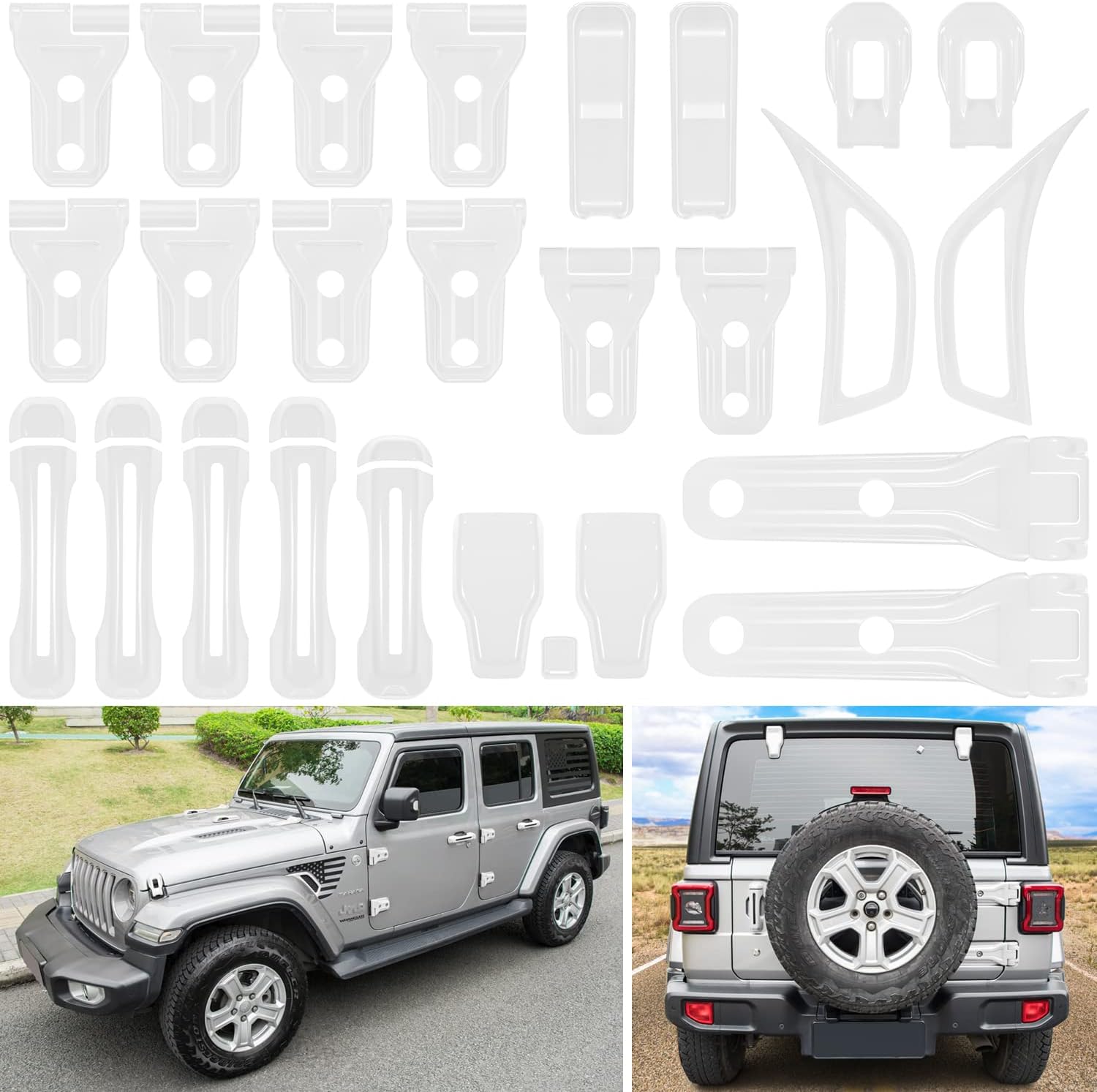 26PCS Full Set Exterior Decoration Trim Kit for Jeep Wrangler JL JLU 2018-2022 Door Hinge Handle Engine Hood Hinge Hood Latch Wheel Eyebrow Side Air Outlet Rear Tailgate Window Hinge Cover (White)