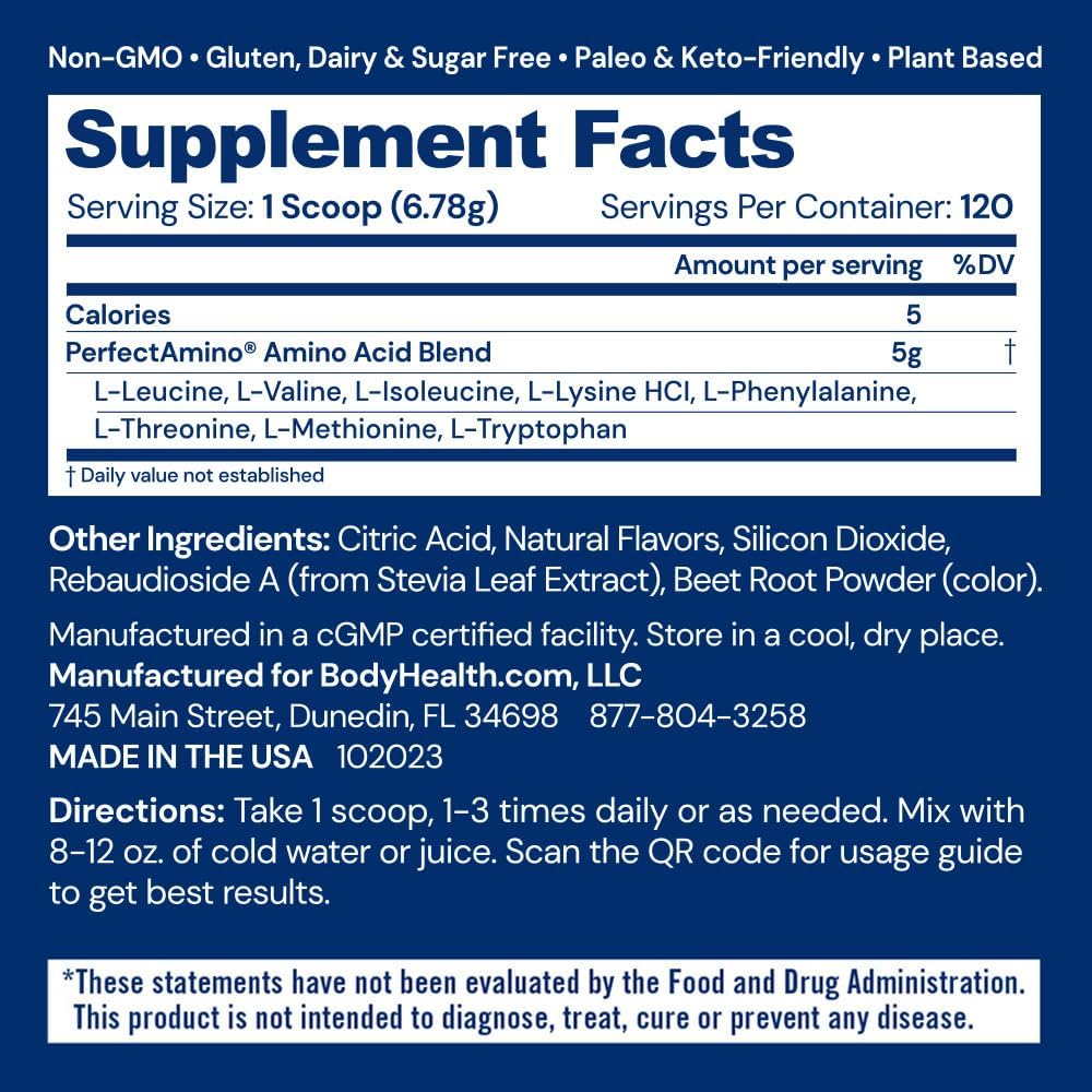 BodyHealth PerfectAmino Powder - BCAA and EAA Powder for Pre and Post Workout - Amino Acid Energy Drink Powder for Men and Women to Support Lean Muscle and Recovery - Raspberry - 120 Servings