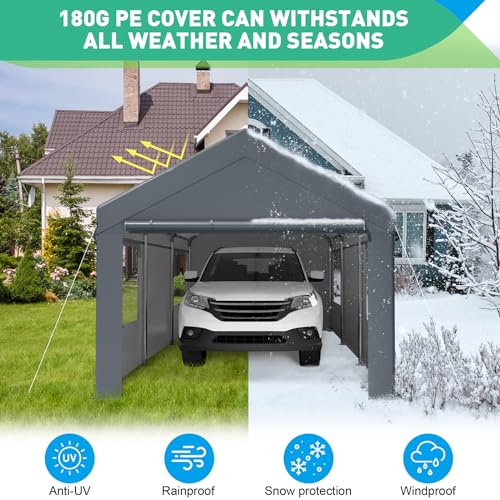 10x20FT Heavy Duty Carport, Portable Garage with Sidewalls, Doors and Ventilated Windows, UV Resistant and Waterproof, Carports 10x20 Heavy Duty for Car, Bike, Boat, Party (Gray)