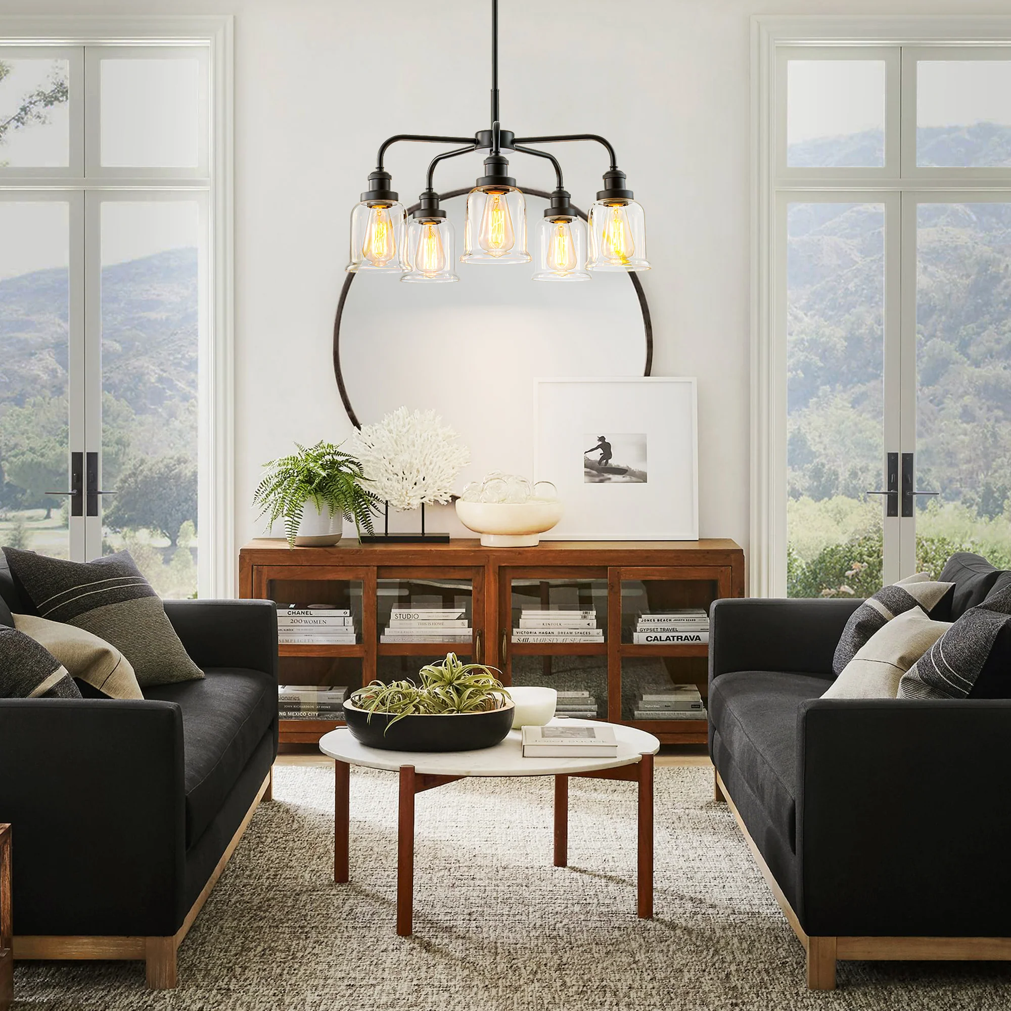 Avelon 5-Light Dimmable Glass Farmhouse Bell Shaded Chandelier (24)