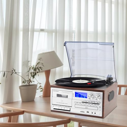 9 in 1 Record Player with External Speakers,3 Speed Bluetooth Turntable Vinyl Player with CD/Cassette Play,AM/FM Radio, USB SD/MMC Play, Aux-in/RCA Line Out