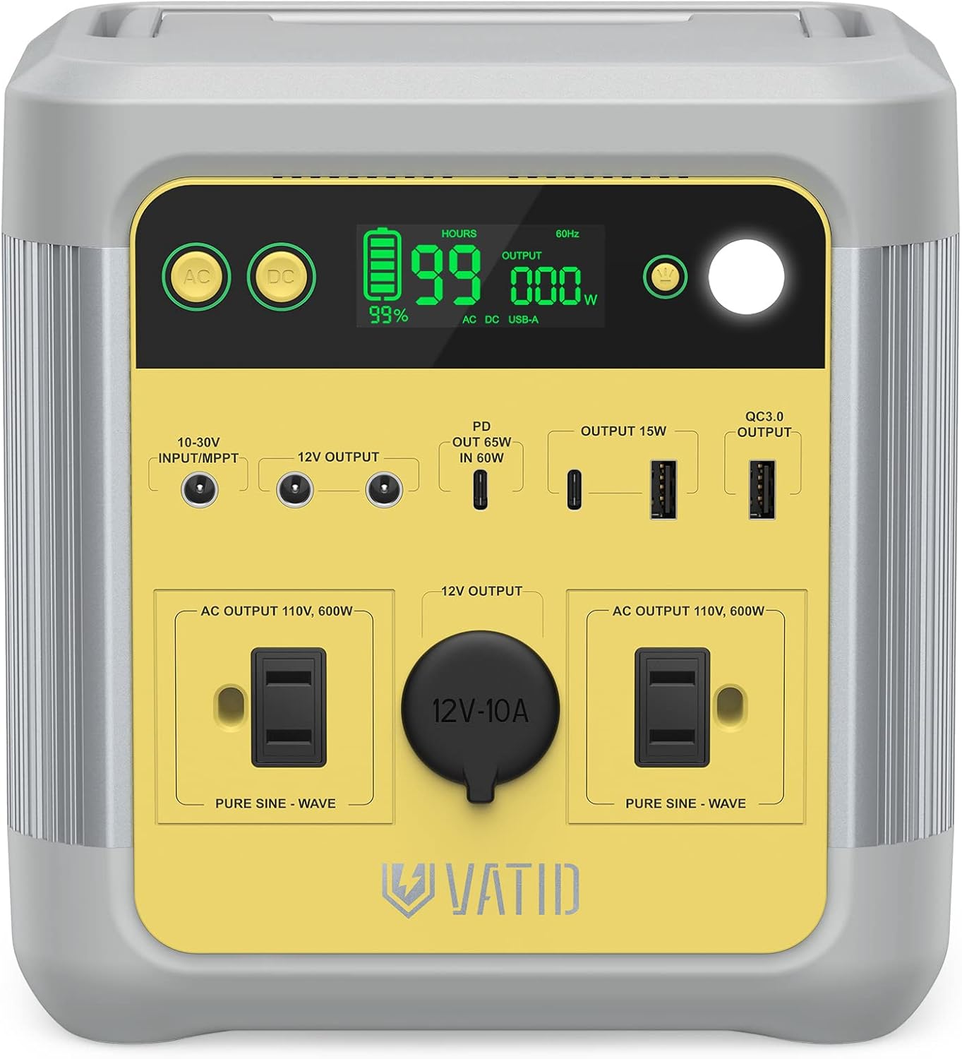 VATID Portable Power Station,600W 518Wh Solar Power Station,110V AC,12V Regulated DC,3.5hrs 100% Recharge,Pure Sine Wave,65W USB PD Rechargeable Power Station
