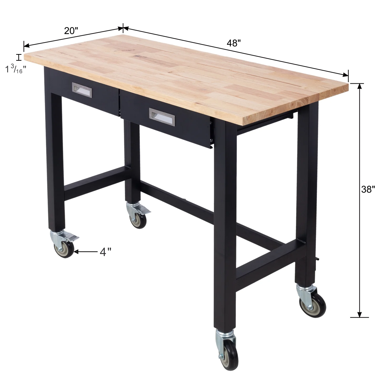 48in Work Bench, Adjustable Workbench with Drawer Storage, Heavy Duty Bamboo Wood Work Table with Wheels for Garage Home Office