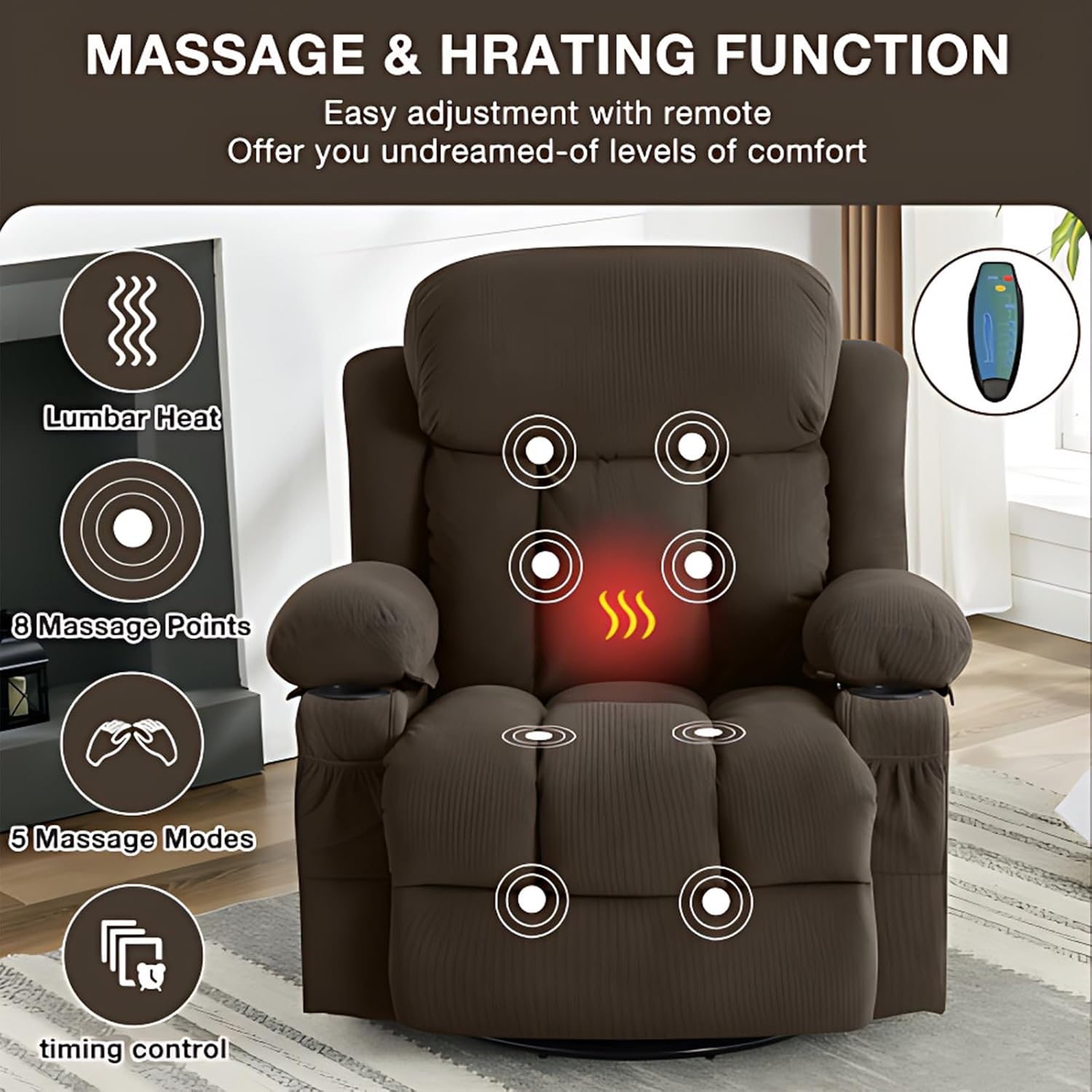 Swinging Recliner Massage Heated Sofa, Massage Recliner Chair with Adjustable Backest and USB Port, 360 Swivel Lazy Electric Recliner Chair for Living Room (Brown)