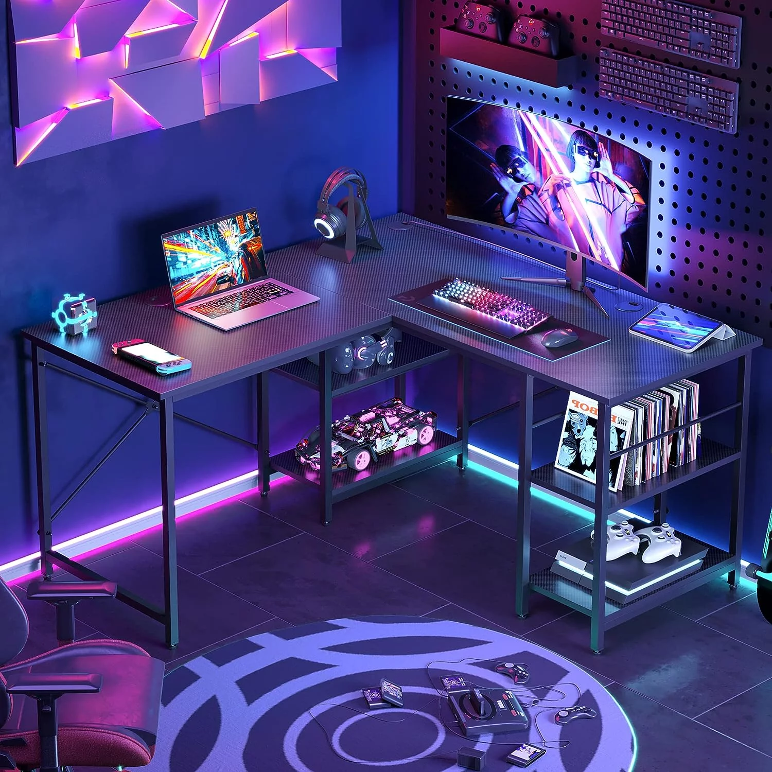 Bestier 86.6 inch L-Shaped Reversible Computer Desk Long Table with Shelves Carbon Fiber Black