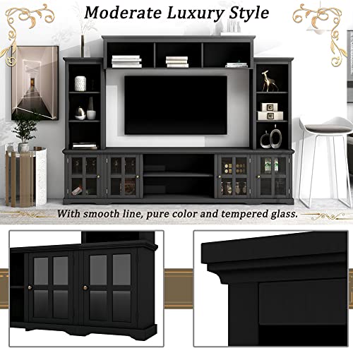 CEMKAE Modern TV Stand Complete TV Entertainment Wall Unit Center TV Console Table for TVs Up to 70”,Entertainment Center with Storage Bridge and Glass Door Storage Cabinet/Bookshelves (White)