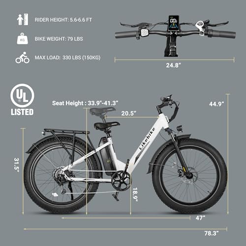 Likebike Electric Mountain Bike,26" Fat Tire Electric Bike for Adults Peak 720W, 48V 13Ah Battery,UL 2849 Certified,Step Thru Ebike,Off Road E-bike 25MPH 7-Speed and Front Suspension Electric bicycles