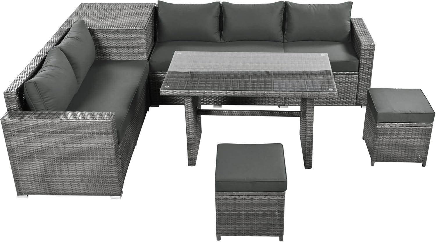Outdoor 6-Piece All Weather PE Rattan Sofa Set, Garden Patio Wicker Sectional Furniture Set with Adjustable Seat, Storage Box, Removable Covers and Tempered Glass Top Table,Grey