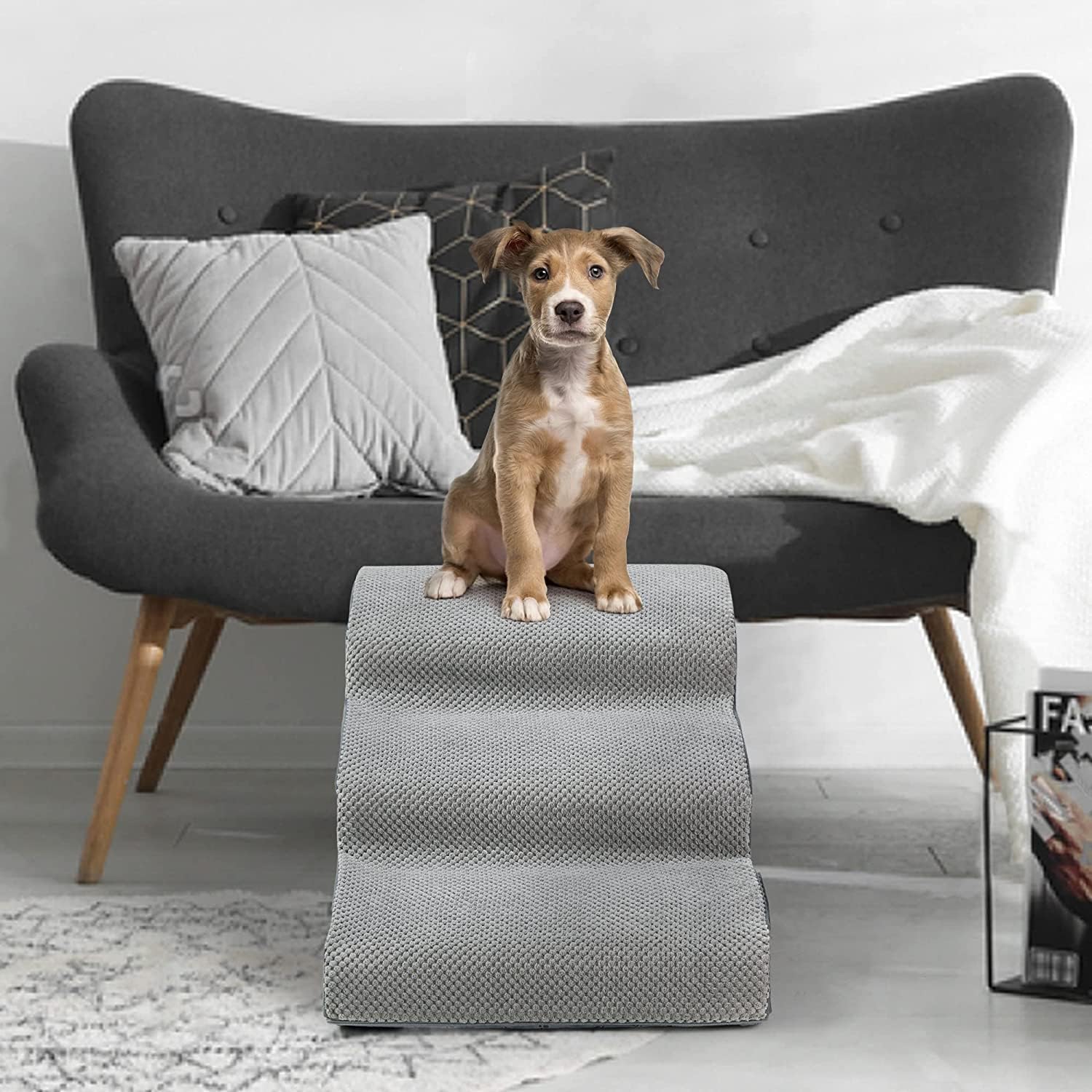 MALOROY Foam Dog Ramps, Dog Stairs Ladder Pet Ramp Stairs Non-Slip Pet Step for Older Dogs, Pet with Joint Pain, Sofa Bed Ladder for Cats (Grey)