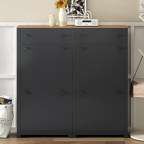 Shoe Cabinet with 2 Flip Drawers Modern Slim Hidden Shoe Storage Organizer Narrow Shoe Storage Cabinet Freestanding Shoe Rack Cabinet with Adjustable Panel for Entryway, Hallway, Living Room