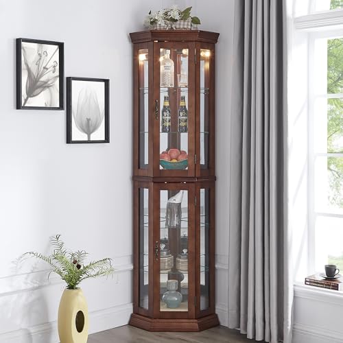 Corner Curio Cabinet with Lights, Lighted Display Cabinet with Glass Doors and Adjustable Shelves, 6-Tier Curio Showcase Floor Stand Collection Art Display Case for Living Room, Pantry (Cherry)