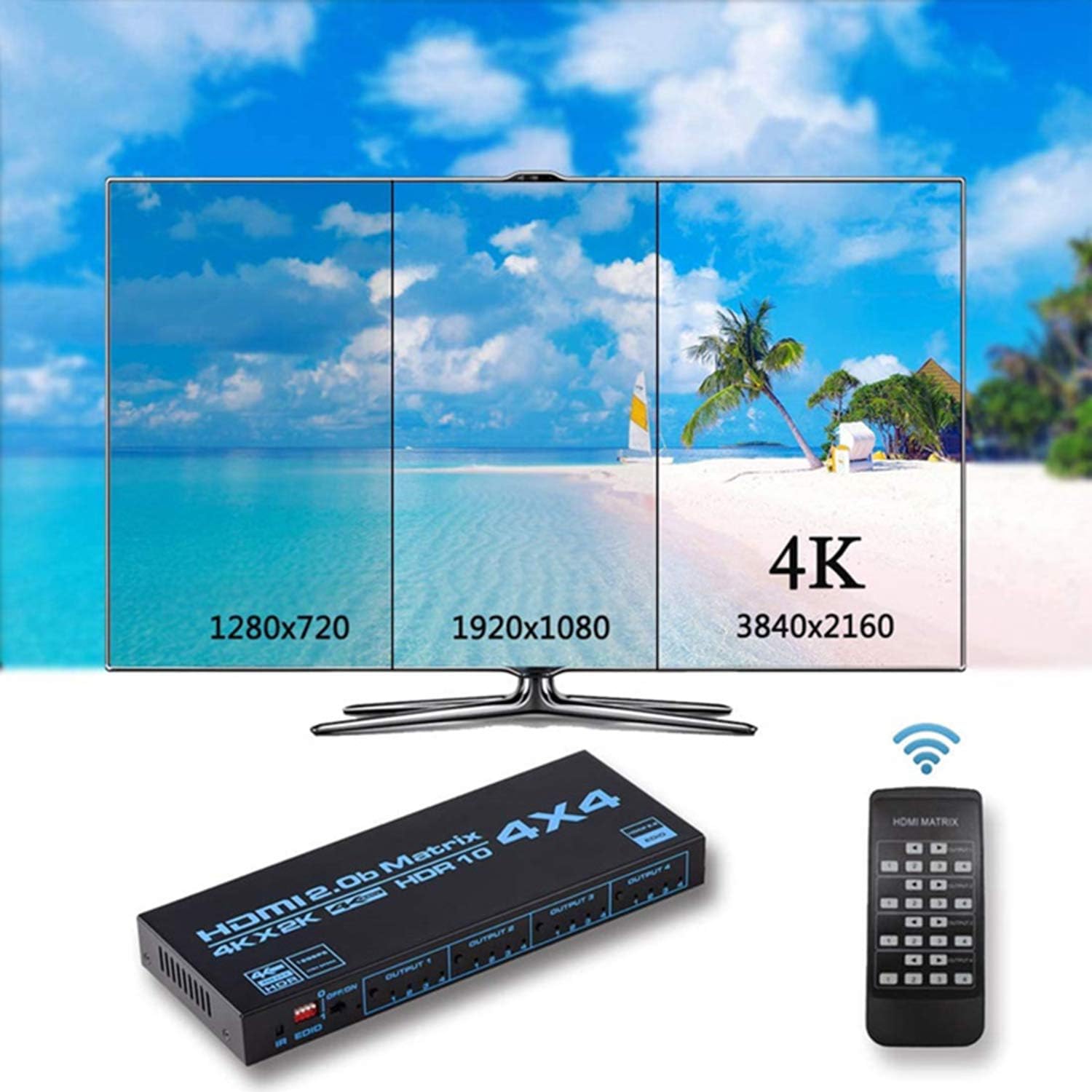 HDMI Matrix switcher 4x4, 4K HDMI Matrix switcher Splitter 4 in 4 Out Box, with EDID Extractor and Infrared Remote Control, Support 4K HDR, HDMI 2.0b, HDCP 2.2, 4K @ 60Hz, 3D, YUV 4:4: 4