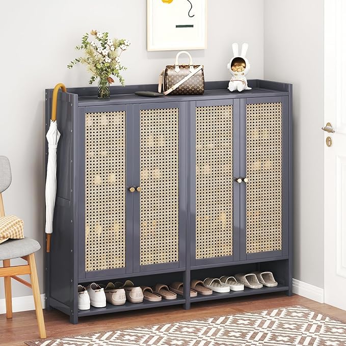 8 Tier Bamboo Shoe Cabinet Storage for Entryway, 40 Pairs Shoe Rack for Closet, Rattan Storage Cabinet with Doors for Hallway Living Room, Grey