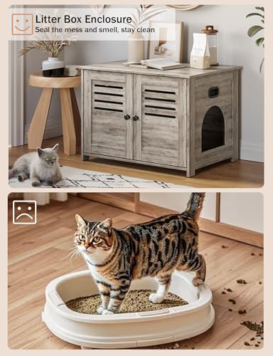 DINZI LVJ Litter Box Enclosure for 2 Cats, Hidden Litter Box Furniture with Double Rooms, Dual Cat Litter House with Louvered Front Doors, 47.2" Hidden Cat Washroom, Wooden Cat Cabinet, Espresso