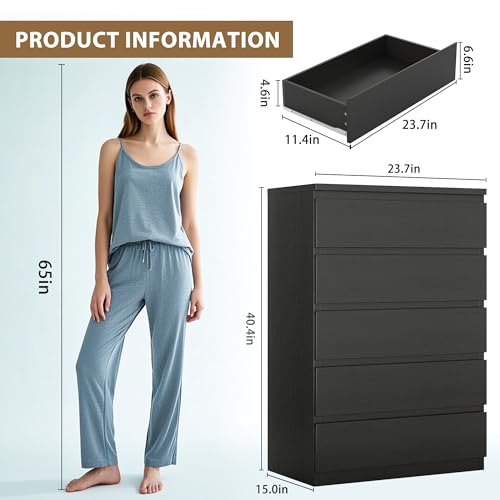 Black Modern 5 Drawer Dresser for Bedroom, 15" D x 23.7" W x 40.4" H in Simply Chest of Drawers, Wood Storage Dresser with Deep Drawers for Living Room Hallway Entryway, Black