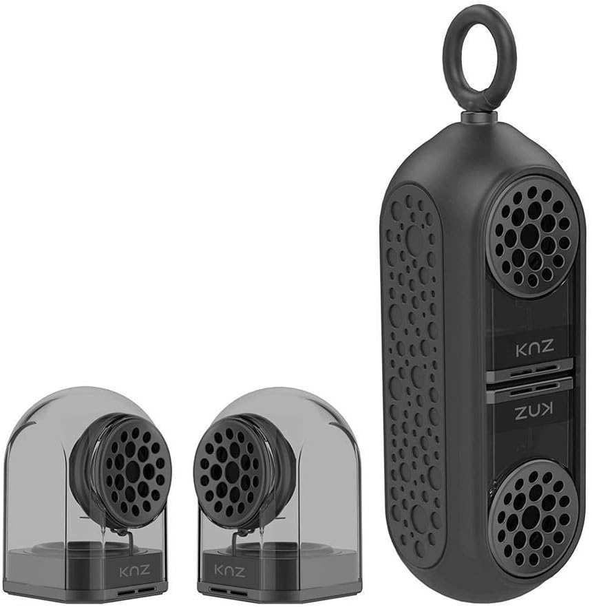 KNZ GoDuo Portable Bluetooth True Wireless Speakers with Magnetic Connectable Base, L/R Stereo Sound and Bass, Water and Shock Resistant, 18 Hr Playtime, Built-in Mic, Protective Carrying Case (Gray) Pack of 2