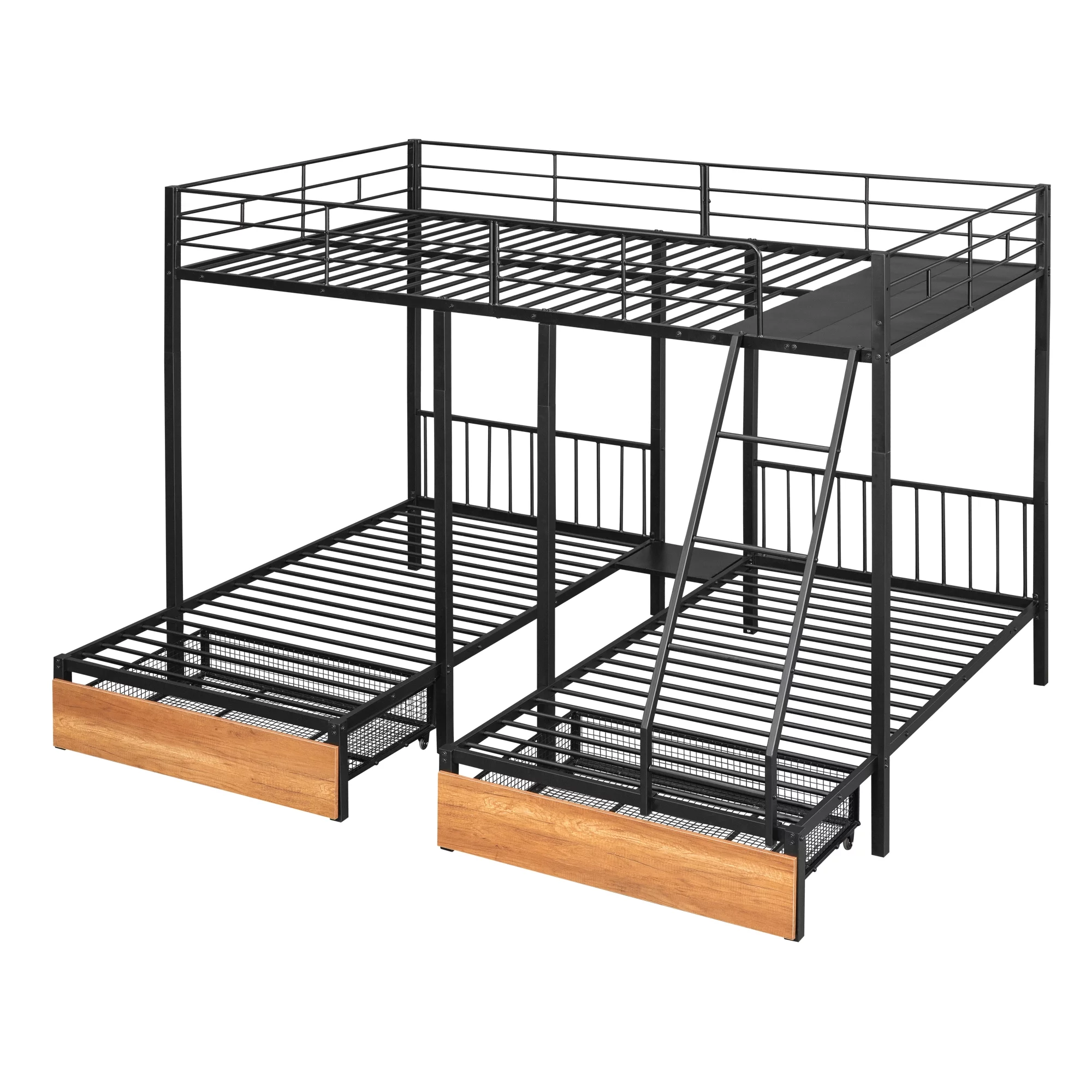 Metal Triple Bunk Beds, BTMWAY Triple Full Bunk Bed for Kids Teens Adults, Full Over Twin Over Twin Bunk Bed with Drawers and Guardrails, Can be Separated into 3 Beds with Headboard, Black
