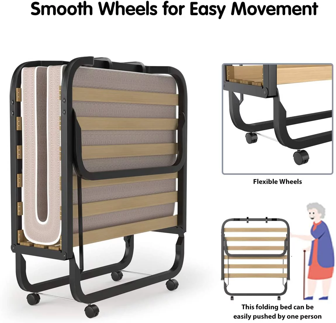 Rollaway Folding Bed with 4 Inch Mattress for Adults  Foldable Portable Guest Bed with Memory Foam Mattress &amp; Sturdy Metal Frame  Cot Size Fold up Bed on Wheels  Easy to Store  Made i - Curated Treasures Market