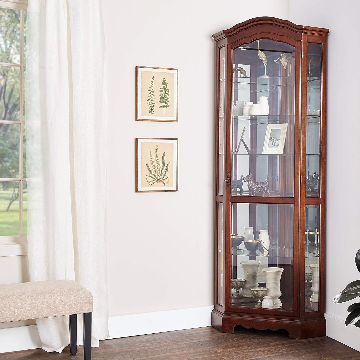 5-Shelf Corner Curio Cabinet Medium Brown and Clear 950175