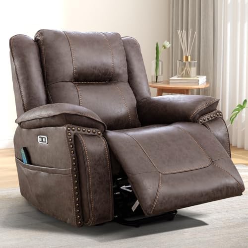 Phoenix Home Dual Motor Power Lift Chair for Elderly, Lift Chairs with Massage and Heat, Leather Electric Chairs for Adults, Recliner Chair with USB, 2 Concealed Cup Holders, Brown