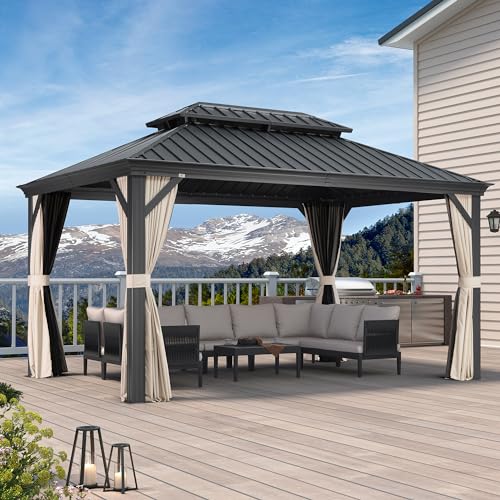 PURPLE LEAF 10' X 14' Permanent Hardtop Gazebo Aluminum Gazebo with Galvanized Steel Double Roof for Patio Lawn and Garden, Curtains and Netting Included, Grey