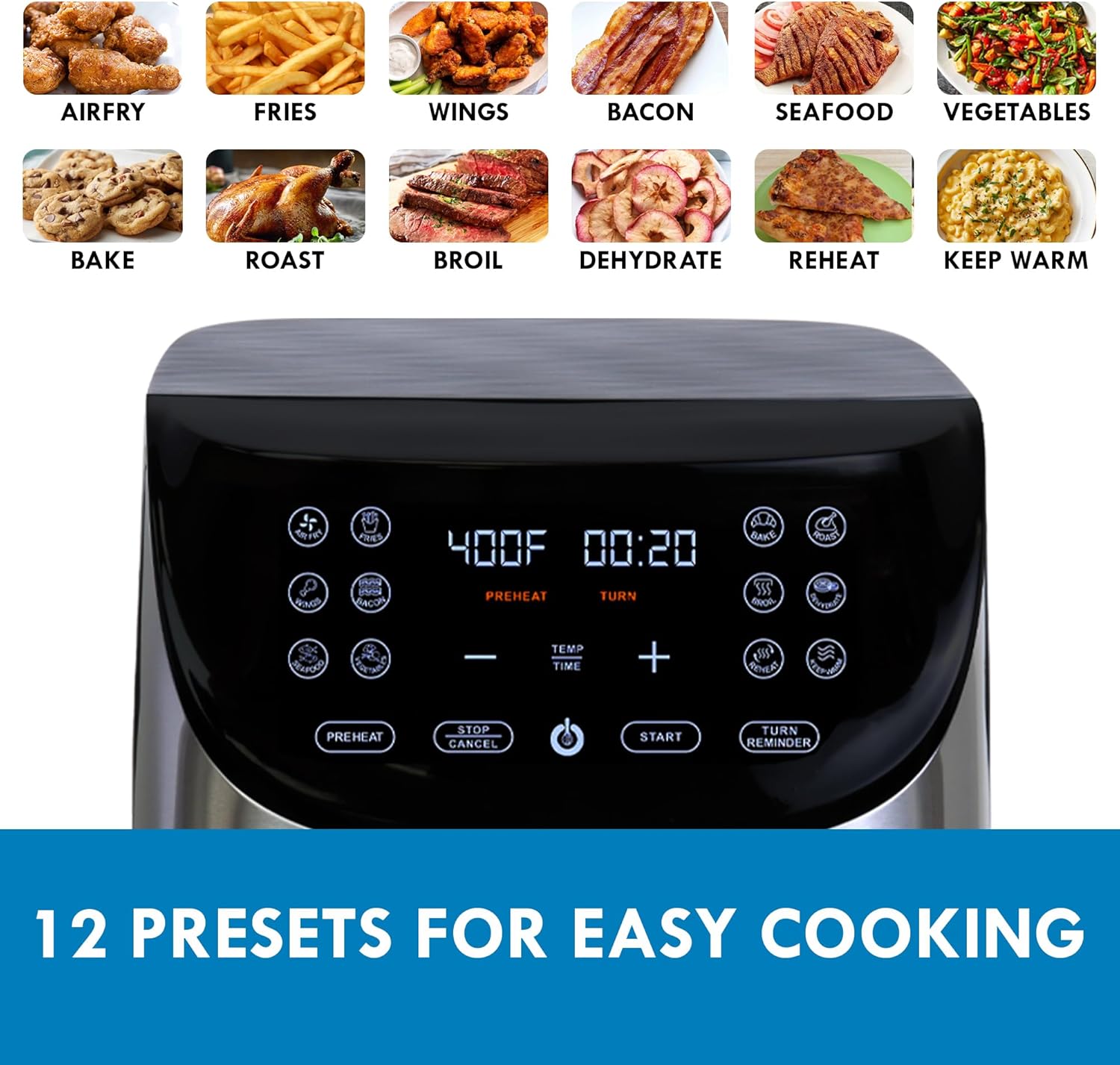 Kenmore 8 Qt Air Fryer, Family Size, 1700W, 12 Preset Cooking Functions, Digital Touch Screen, Programmable Temperature & Timer, Viewing Window, Roast Bake Broil Dehydrate Reheat, Stainless Steel
