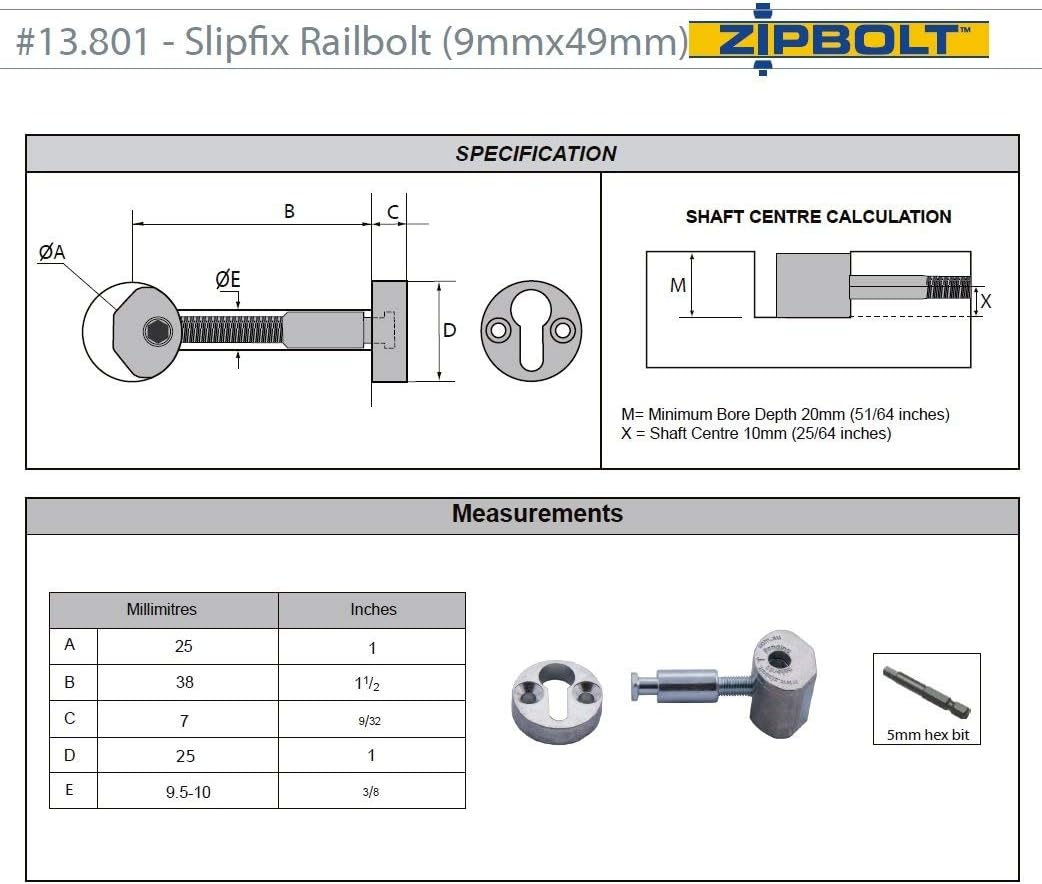 Zipbolt 13.810 Slipfix Railbolt - Staircase Handrail or Banister to Newel Post Connector - 5 Pack Pack of 2