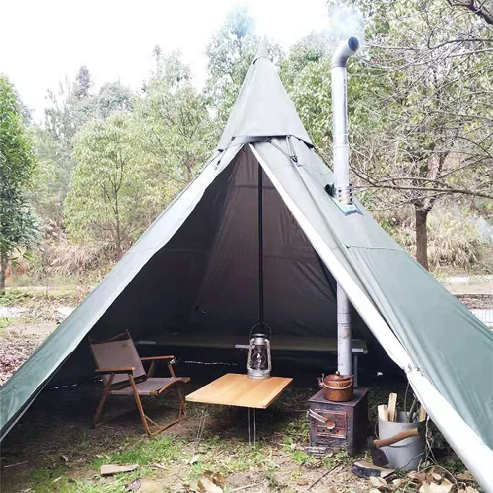 UNISTRENGH 4 Season Waterproof Oxford Teepee Tent With Stove Jack For Camping Hiking Green Pyramid Tent With Full Mesh