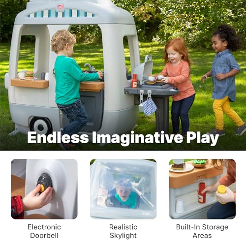Step2 Adventure Camper Kids Playhouse, Indoor/Outdoor Playset & Kitchenette, Interactive Play with Sounds, Includes 52 Piece Toy Accessories, Made of Durable Plastic, For Toddlers 2+ Years Old