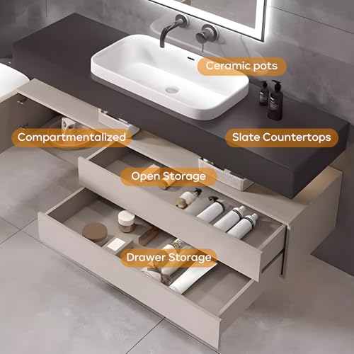 Bathroom Vanity - Floating Bathroom Vanity with Sink & Round LED Defog Mirror with Lights, Modern Bathroom Vanity with Drawer and Floating Shelf, Solid Wood, Wall Mounted(White, 36")