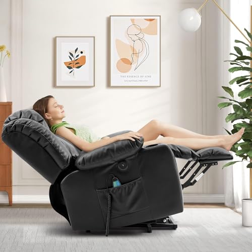 Power Lift Recliner Chair for Elderly, Electric Assist Lift Chairs with Massage & Heat, Cup Holders, Side Pockets, USB Ports, Remote Control, Leather (Ochre)