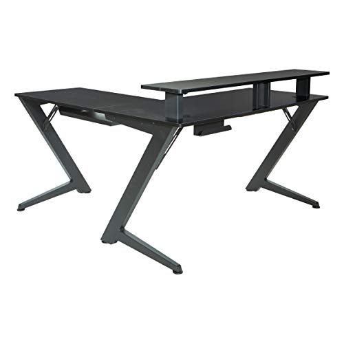 OSP Home Furnishings Avatar Battlestation L-Shape Gaming Desk with Bluetooth RGB LED Lights and Carbon Fiber Surface, Red