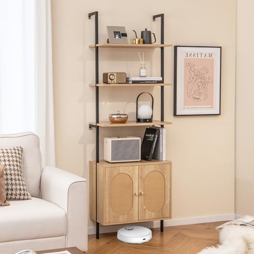 6-Tier Ladder Bookshelf with Cabinet, 71" Tall Wall Mount Shelf Bookcase w/Sturdy Metal Frame & Rattan Cabinet Bottom, Wall Storage Display Rack for Living Room, Bedroom & Home (1)