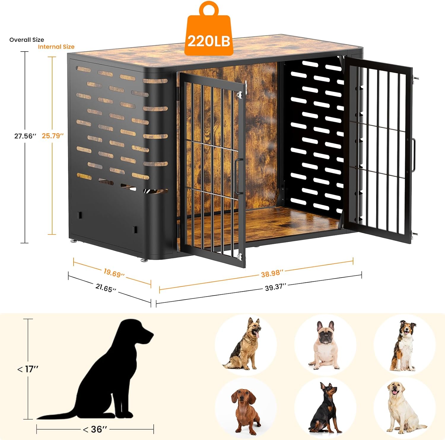 Dog Crate Furniture, 40 Inch No Screws Easy to Assemble Wooden Heavy Duty Large Dog Kennel End Table, with 360° Adjustable Bowl for Large and Medium Dogs, Chew-Resistant, Rustic Brow