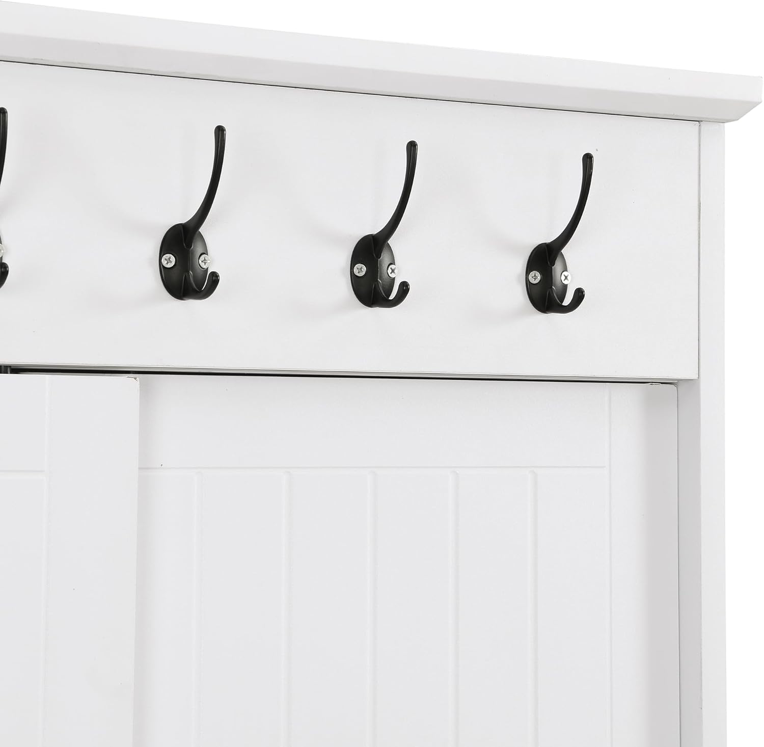 Modern Hall Tree with Bench and Shoe Storage Cabinet, Hallway Coat Rack with Sliding Doors & Adjustable Shelves for Entryway, Mudroom, Living Room, White