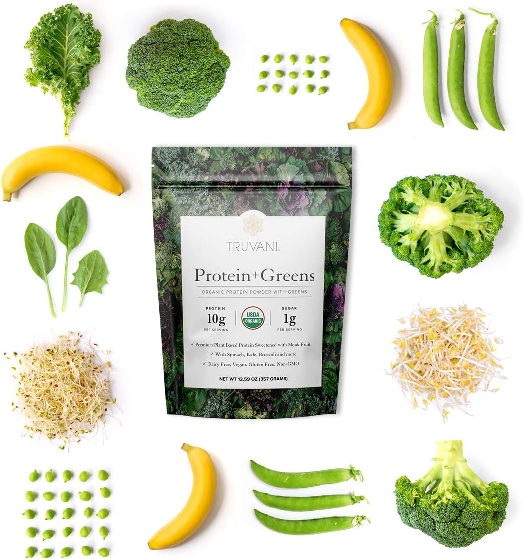 Truvani Protein + Greens | Organic, Non-GMO, Vegan, Gluten Free, Dairy Free | Daily Greens Combined with Protein | Great Taste with a Splash of Sweetness Pack of 2