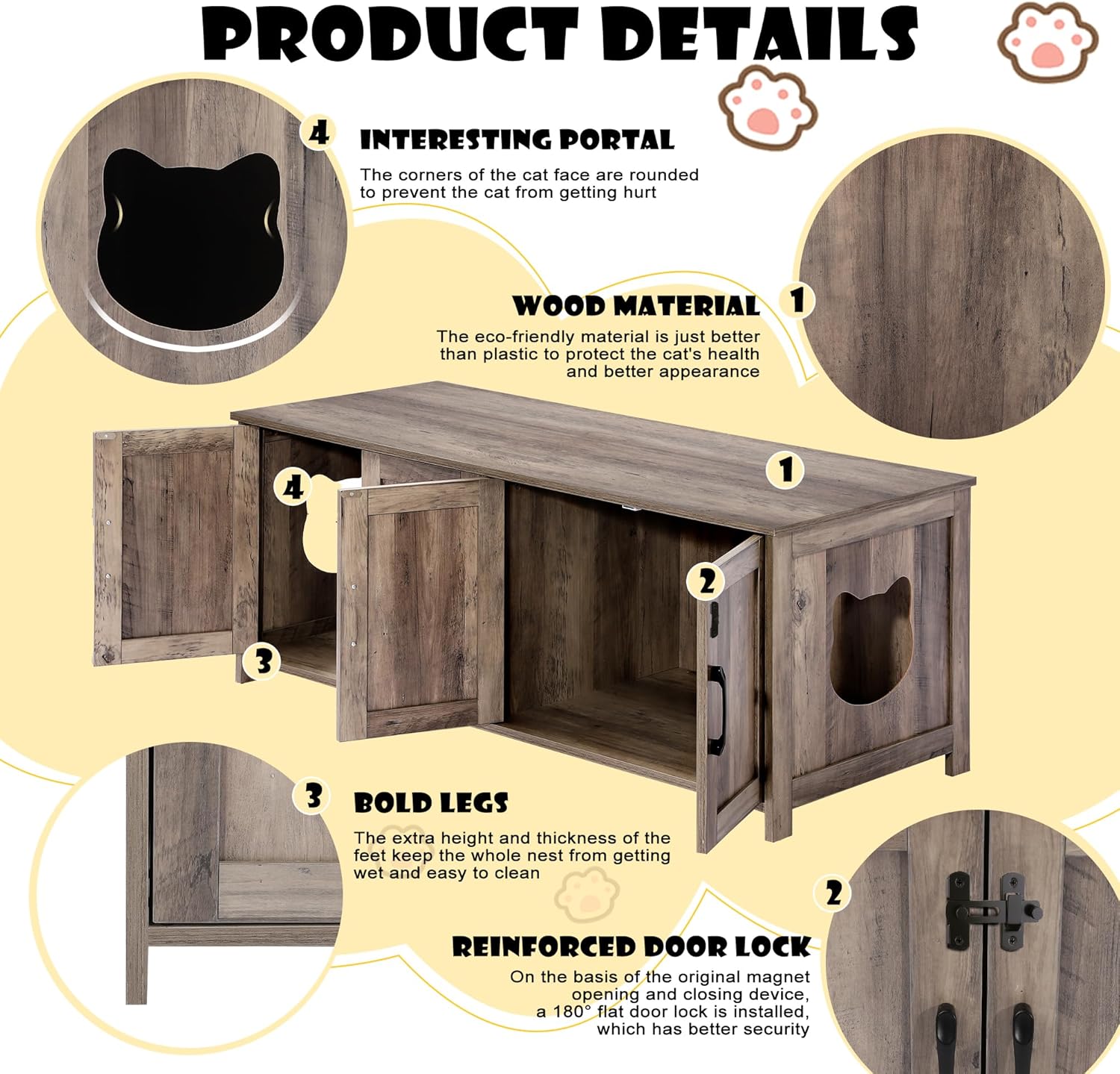 TITIMO Cat Litter Box Enclosure for 2 Cats - Litter Box Furniture Hidden with Lockable Door,Wooden Cat Washroom Furniture with Double Room,Cat House,Hideaway Litter Box,Greige