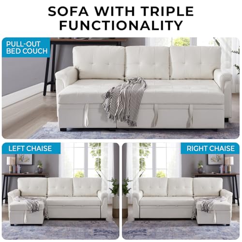 Naomi Home Jenny Sectional Sofa Sleeper with Storage Chaise, Tufted Pull Out Couch with Storage, L-Shaped Reversible Sleeper Sofa with Storage, Black,Air Leather